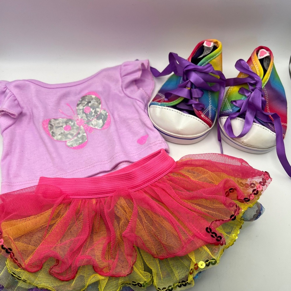 Build A Bear 3 Piece Clothing Lot T Shirt Skirt Sneakers Rainbow Tulle Butterfly